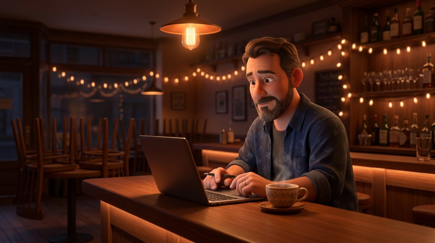 Étteremtulajdonos zárás után a pultnál ülve átgondolt választ ír egy értékelésre a laptopján