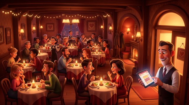 Illustration of a full restaurant dining room on Valentine's evening, candlelit tables for two, with the owner checking a fully booked floor plan on a tablet