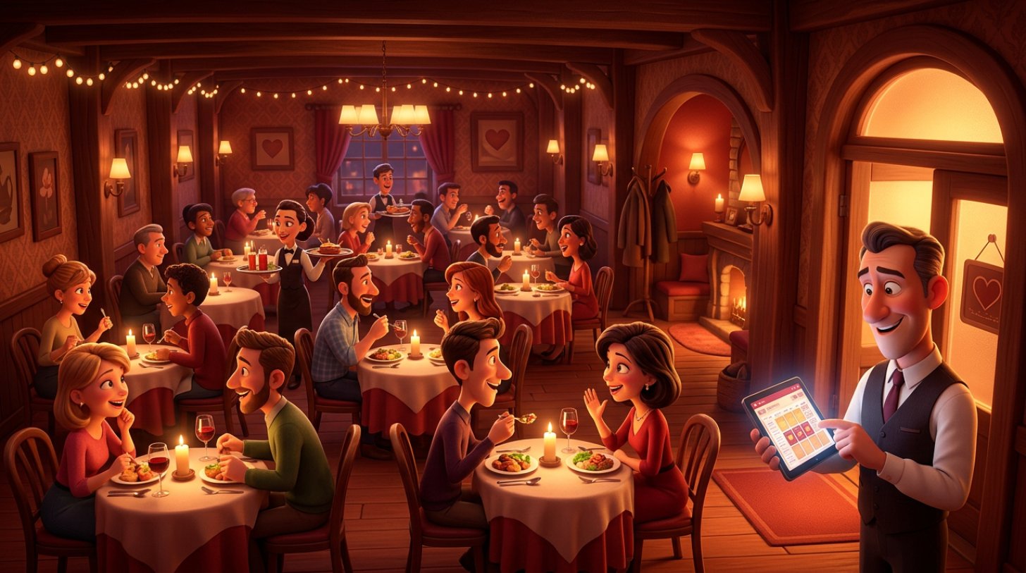 Illustration of a full restaurant dining room on Valentine's evening, candlelit tables for two, with the owner checking a fully booked floor plan on a tablet