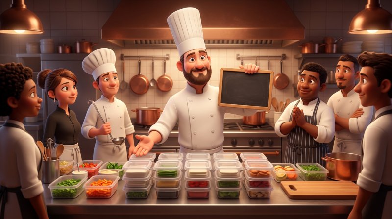 Chef presenting a chalkboard with a three-course set menu to the kitchen team before a big service