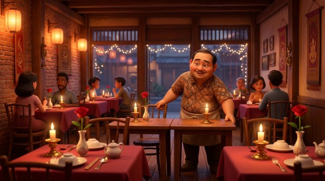ห้องอาหารไทยคืนวาเลนไทน์ที่จัดเป็นโต๊ะคู่ทั้งร้าน มีเทียนและกุหลาบแดงบนทุกโต๊ะ เจ้าของร้านกำลังจัดผังโต๊ะสำหรับคู่รัก