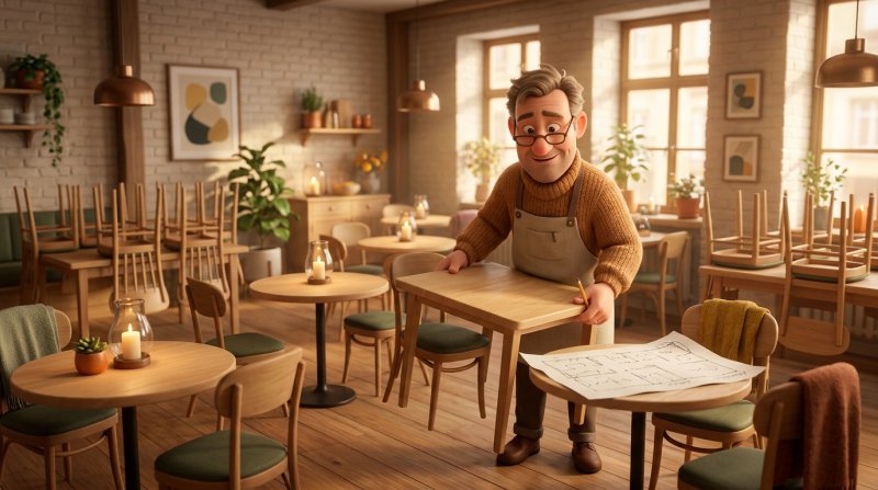 Restauratør der tegner bordplanen om til borde til to før d. 14. februar