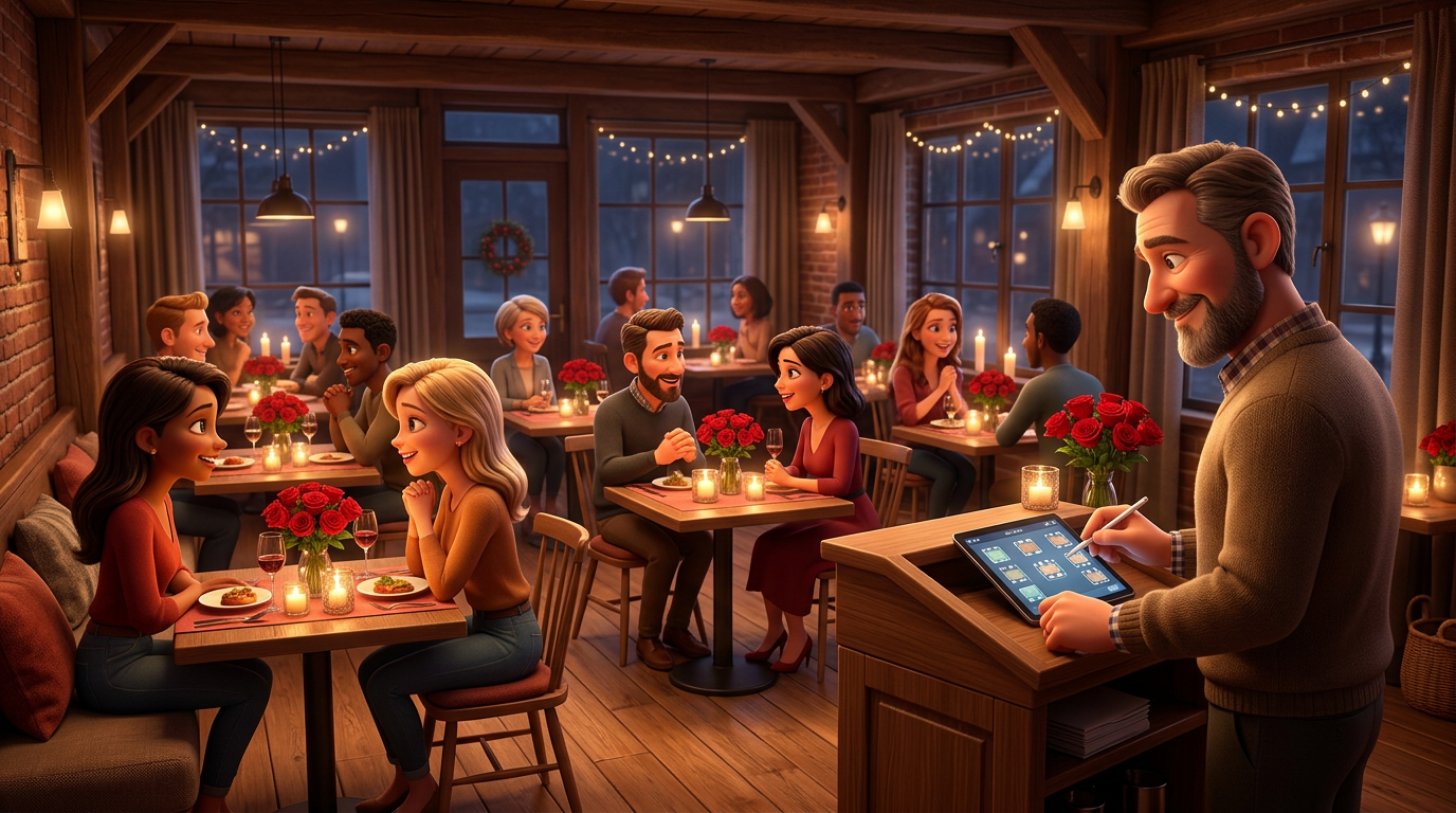Fyldt restaurant på valentinsdag med borde til to, levende lys og en restauratør der tjekker bordplanen på en tablet