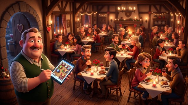 Illustration eines voll besetzten Restaurants am Valentinstagabend mit Zweiertischen, Kerzen und einem Gastronomen, der den Tischplan auf dem Tablet prüft