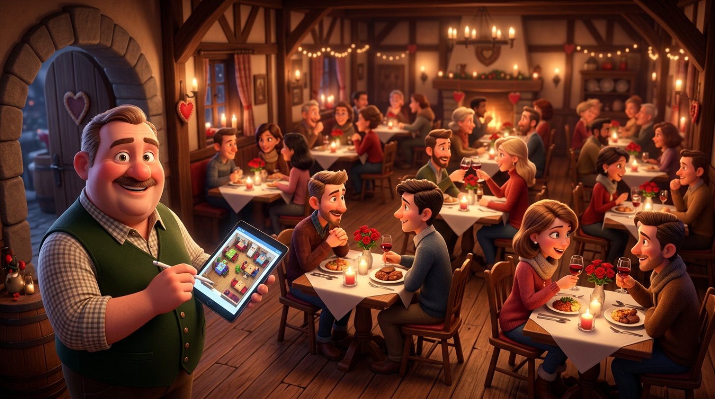 Illustration eines voll besetzten Restaurants am Valentinstagabend mit Zweiertischen, Kerzen und einem Gastronomen, der den Tischplan auf dem Tablet prüft