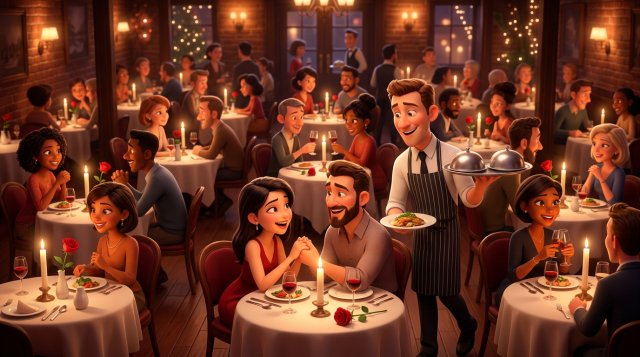 Páry u stolků pro dva se svíčkami a růžemi v plně obsazené restauraci na svatého Valentýna