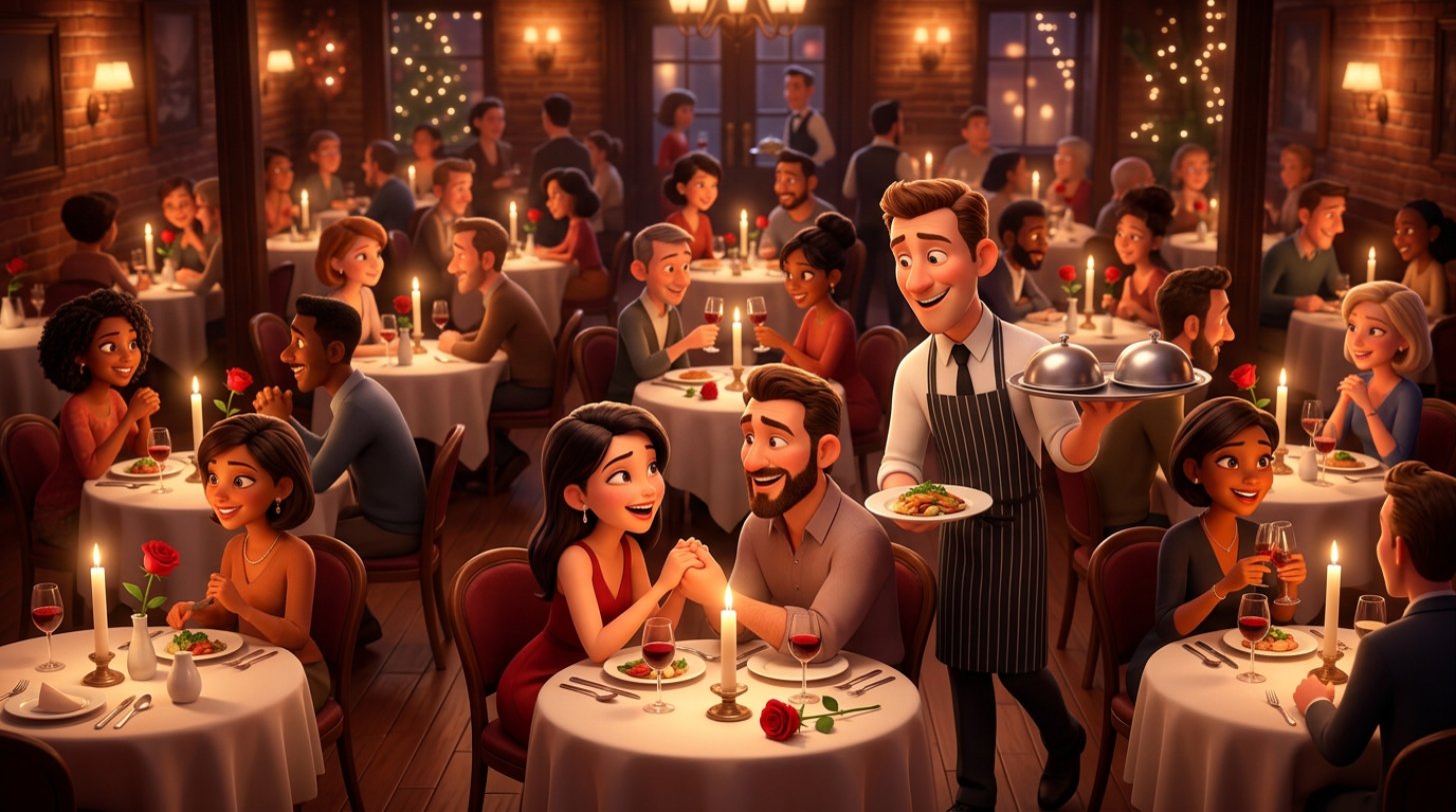 Páry u stolků pro dva se svíčkami a růžemi v plně obsazené restauraci na svatého Valentýna