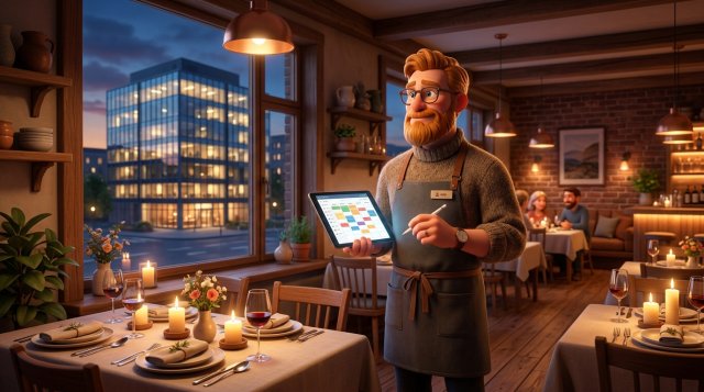 Veitingamaður stendur hugsi með spjaldtölvu í hlýlegum veitingasal og horfir út um gluggann á stóra glerbyggingu hinum megin við götuna