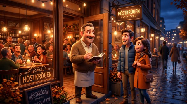 Illustration av en krögare som antecknar ett väntande par på en lista vid entrén till en fullsatt restaurang