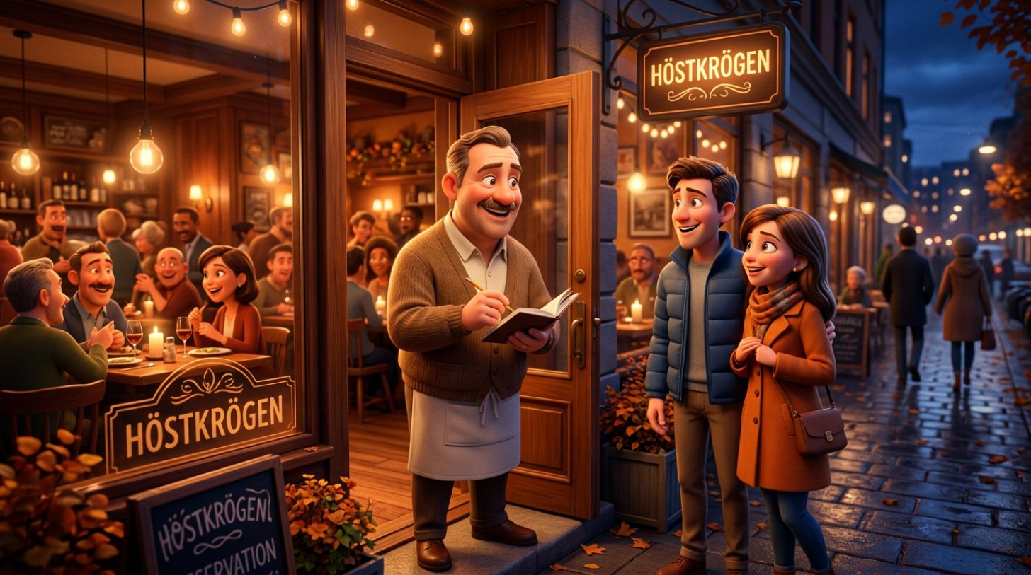 Illustration av en krögare som antecknar ett väntande par på en lista vid entrén till en fullsatt restaurang