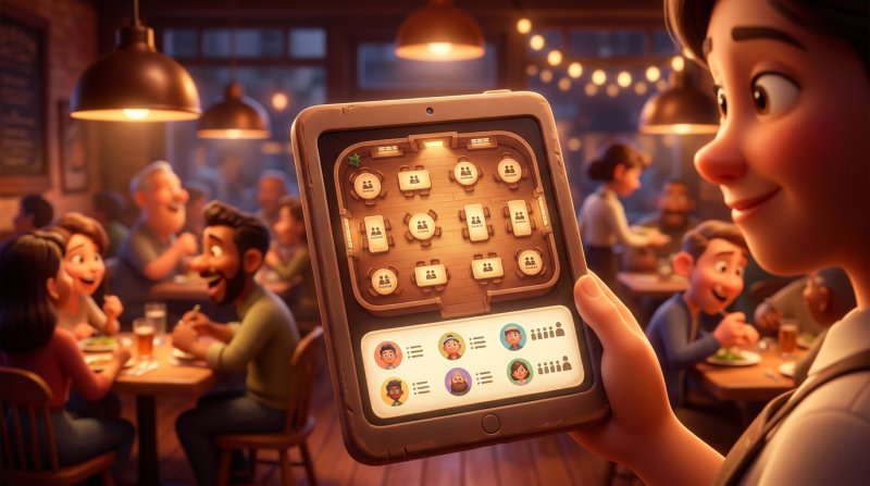 Éttermi tablet teltházas asztaltérképpel és várakozó vendégek listájával