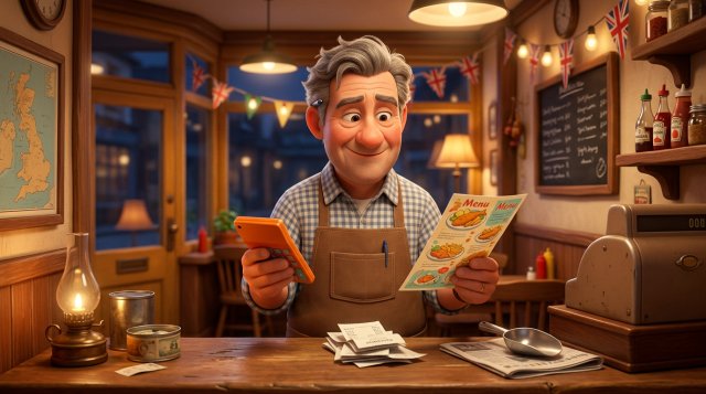 British restaurant owner at the counter of a fish and chip shop, calculator in one hand and a menu in the other, reviewing a stack of receipts