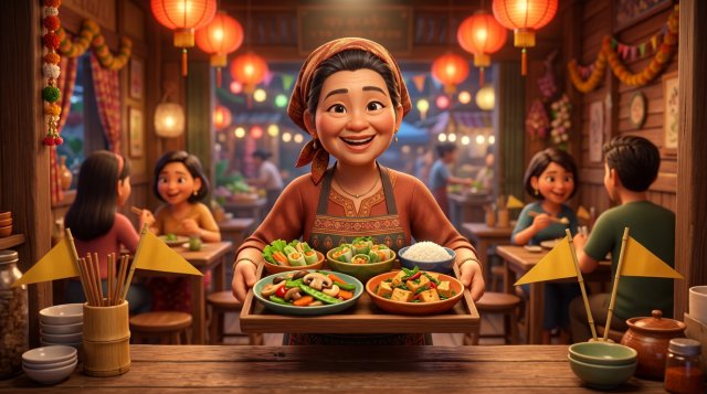 เจ้าของร้านอาหารไทยยิ้มแย้มยกถาดอาหารเจหลากสี ทั้งเห็ดผัด เต้าหู้ และผักสด บนเคาน์เตอร์ไม้ประดับธงสามเหลี่ยมสีเหลือง ในร้านตึกแถวบรรยากาศอบอุ่นมีโคมแดง