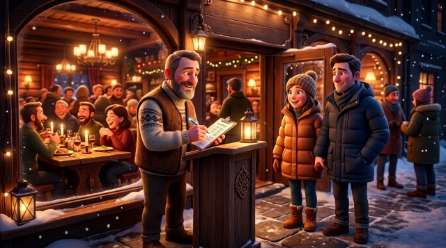 Illustrasjon av en restaurantvert som noterer et ventende par på en liste ved inngangen til en full restaurant