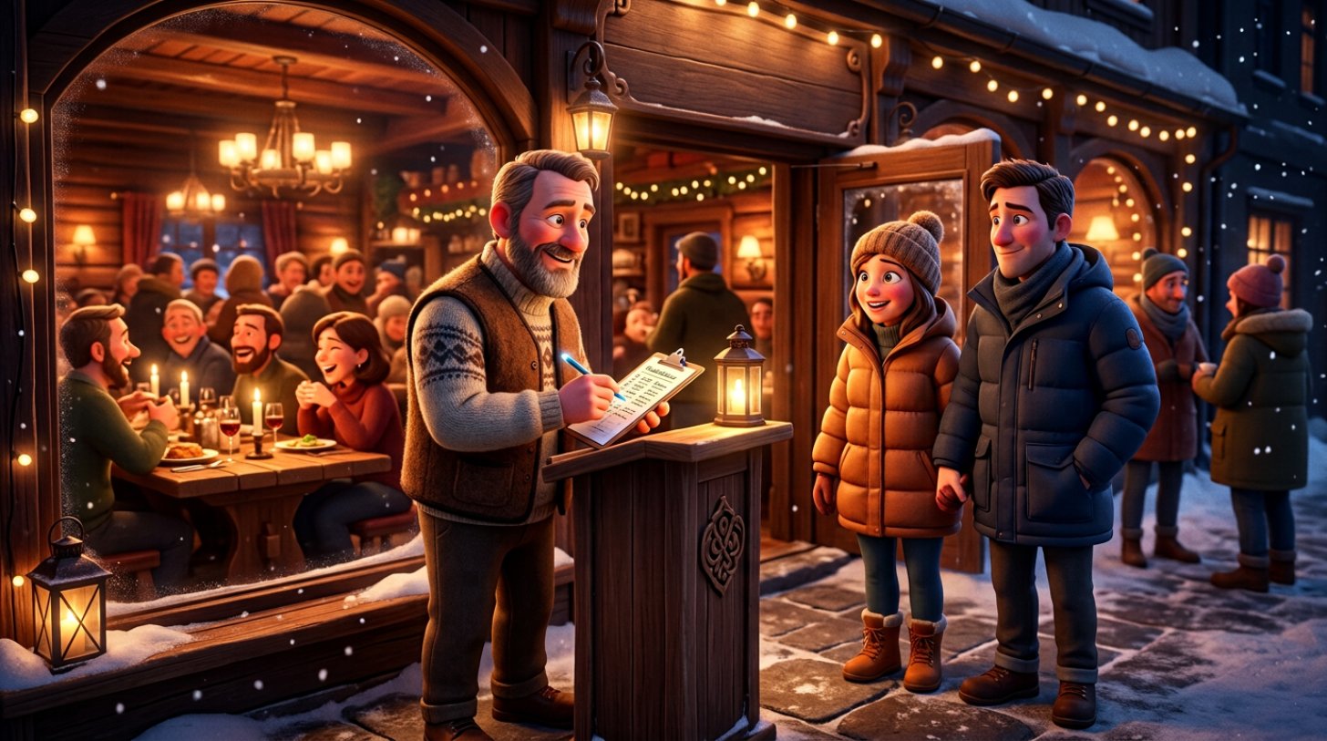 Illustrasjon av en restaurantvert som noterer et ventende par på en liste ved inngangen til en full restaurant