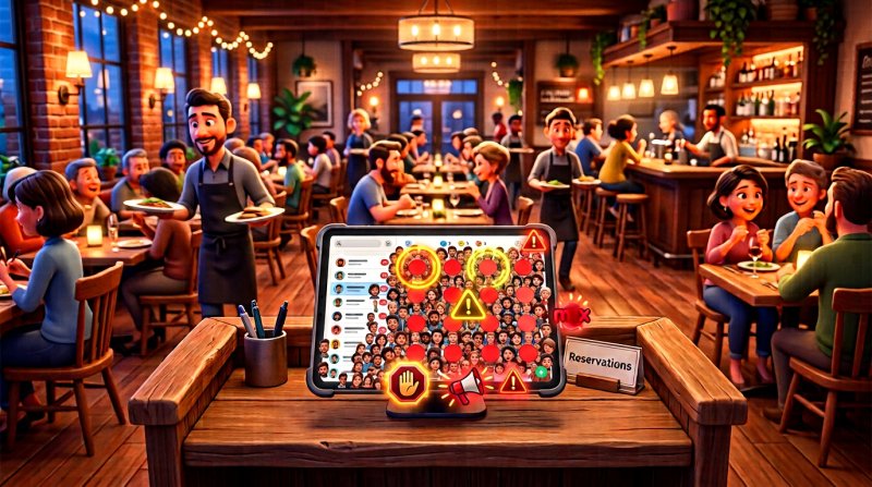 Nettbrett på en restaurantdisk som viser en fullbooket bordplan og en liste over ventende gjester
