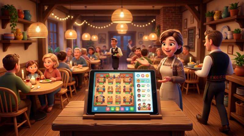 Tablet på en restaurantdisk, der viser en fuldt booket bordplan og en liste over ventende gæster