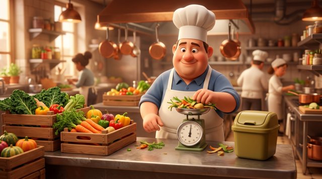 Illustratie van een chef-kok die groenteafsnijdsels weegt op een keukenweegschaal, met kratten verse groenten aan de ene kant en een sorteerbak voor etensresten aan de andere kant