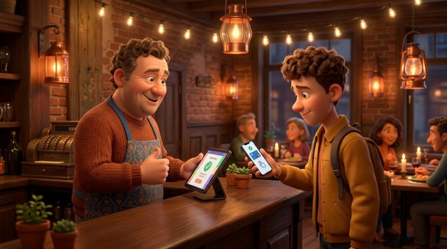 Gast betaalt een voorschot op zijn smartphone terwijl een glimlachende Vlaamse restaurantuitbater de reservatie bevestigt aan de toog