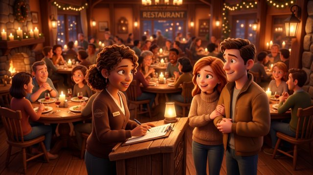 Illustratie van een gastvrouw bij de ingang van een vol restaurant die de naam van een wachtend stel noteert