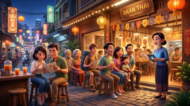 พนักงานต้อนรับร้านอาหารไทยถือแท็บเล็ตดูแลลูกค้าที่ต่อคิวหน้าร้านตึกแถวยามเย็น บางคนนั่งอ่านเมนูและดื่มเครื่องดื่มระหว่างรอ