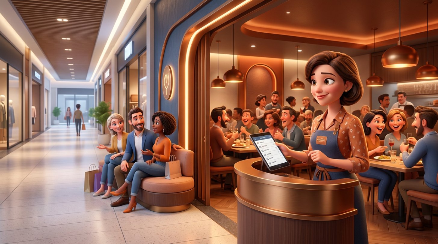 Ilustrasi 3D hostes restoran memegang tablet berisi daftar nama di depan ruang makan yang penuh, sementara beberapa tamu menunggu dengan ceria di koridor mal