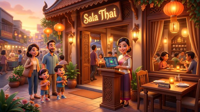 พนักงานต้อนรับร้านอาหารไทยยืนที่แท่นต้อนรับพร้อมแท็บเล็ตแสดงผังโต๊ะ ด้านหนึ่งมีครอบครัวลูกค้า walk-in กำลังรอ อีกด้านมีโต๊ะว่างติดป้ายจองแล้ว