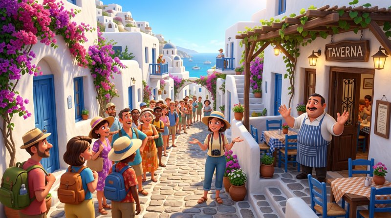 Στενό νησιώτικο σοκάκι το καλοκαίρι με τουρίστες να περιμένουν έξω από μικρή ταβέρνα, ενώ ο σερβιτόρος δείχνει ότι τα τραπέζια είναι γεμάτα