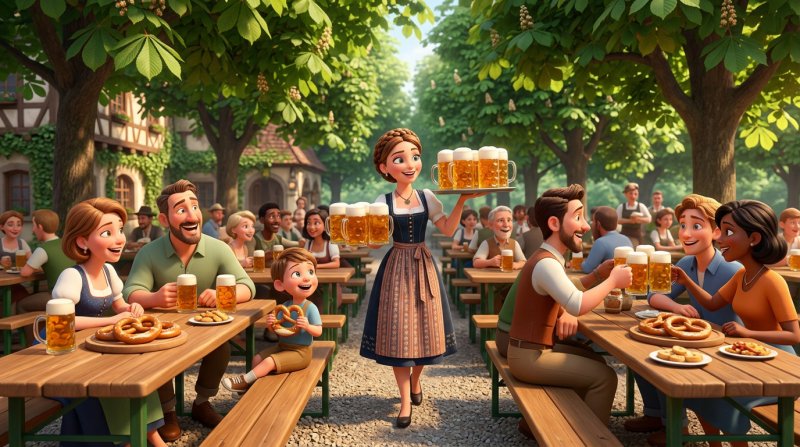Sonniger Biergarten unter Kastanienbäumen, in dem sich Familien und Freunde spontan an lange Holztische setzen, während eine Kellnerin Maßkrüge bringt