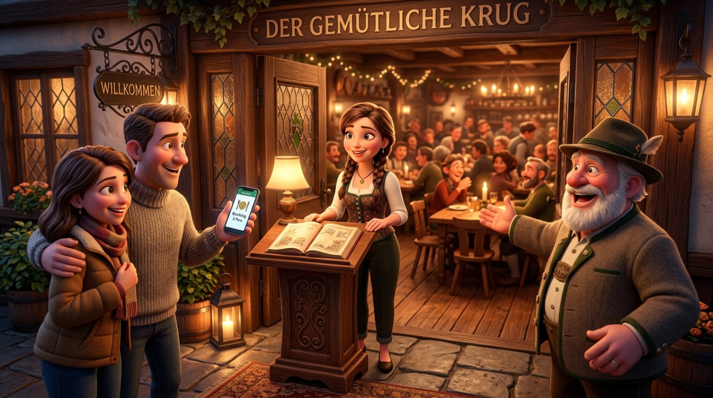 Gastgeber am Eingang eines Gasthauses begrüßt gleichzeitig ein Paar mit Reservierung auf dem Handy und einen spontanen Gast, dahinter ein voller Gastraum