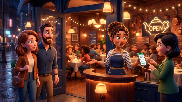 Anfitriã de restaurante a receber à entrada um casal sem reserva enquanto outra cliente mostra a confirmação da reserva no telemóvel, com a sala cheia ao fundo