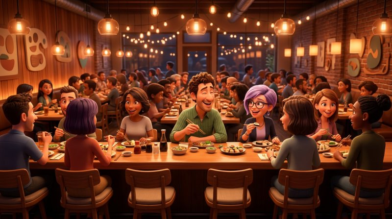 Clientes comiendo en taburetes a lo largo de una barra de madera mientras la sala del fondo está llena