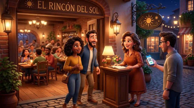 Anfitriona de restaurante recibiendo en la entrada a una pareja sin reserva mientras otro cliente muestra su reserva en el móvil, con la sala llena al fondo