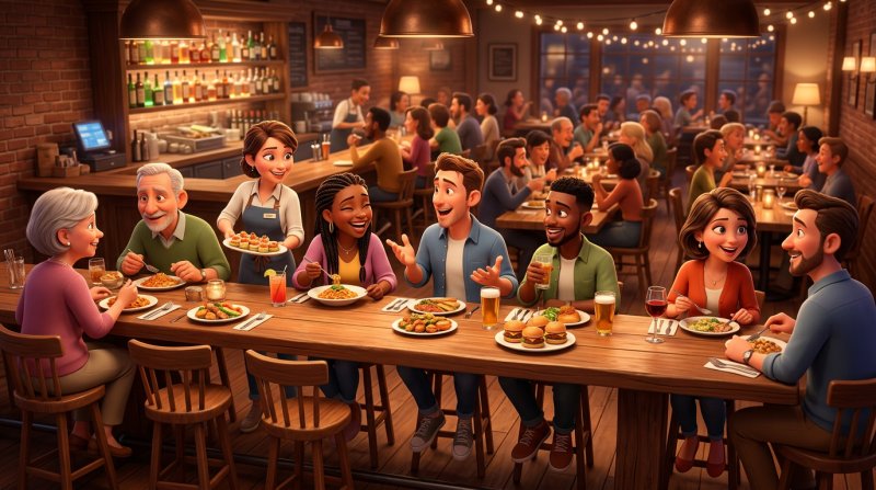 Guests eating on stools along a wooden bar counter while the dining room behind them is full