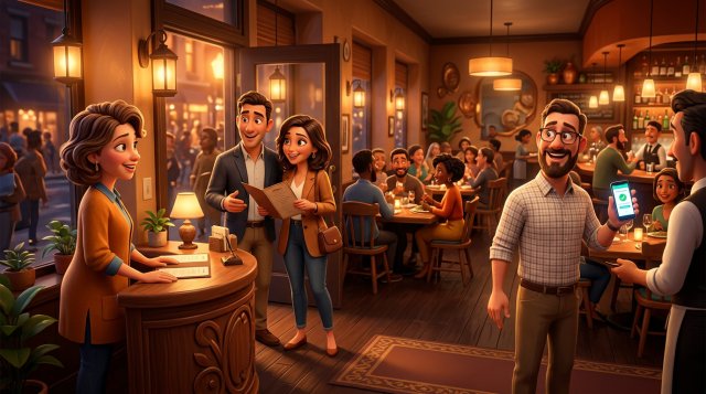 Restaurant host welcoming a walk-in couple at the entrance while another guest shows his reservation on his phone, with a busy dining room behind