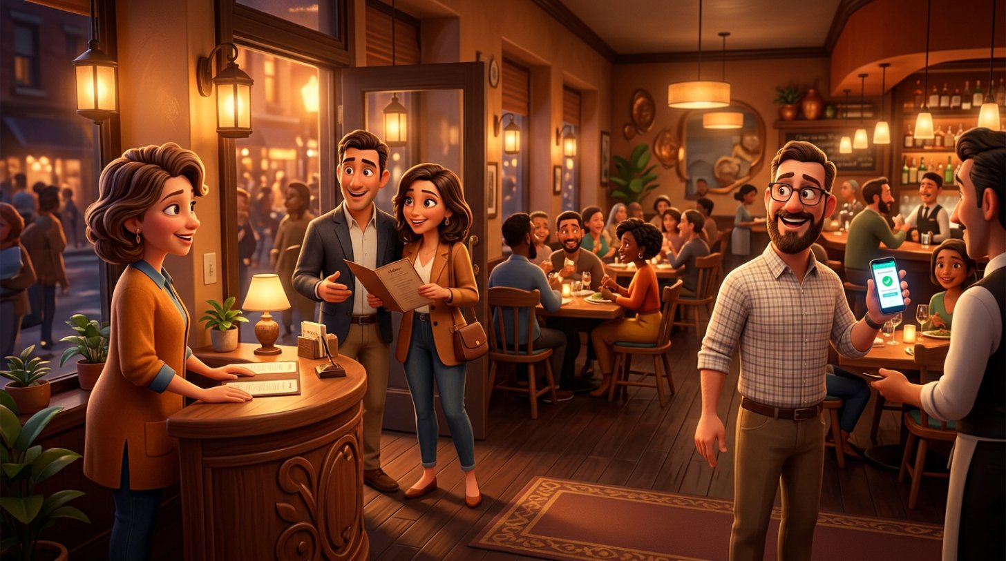 Restaurant host welcoming a walk-in couple at the entrance while another guest shows his reservation on his phone, with a busy dining room behind