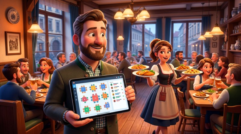 Illustration eines Gastronomen mit Tablet, auf dem ein Tischplan und eine Liste wartender Gäste zu sehen sind, während im Hintergrund der Service durch den vollen Gastraum läuft