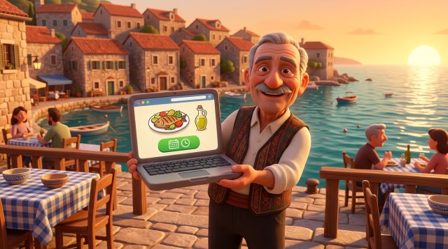 Ponosni ugostitelj na terasi primorske konobe drži laptop s novom web stranicom restorana i velikim gumbom za rezervacije