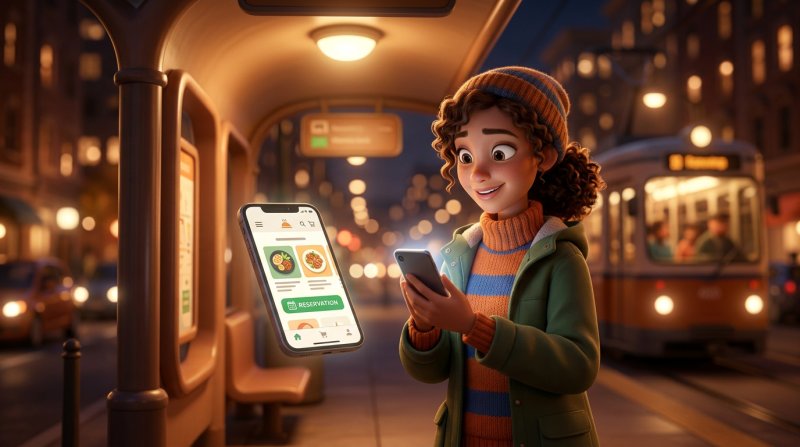 Mladá žena večer na zastávke rezervuje stôl cez veľké tlačidlo na webovej stránke reštaurácie v mobile