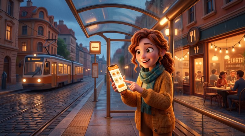 Žena večer na tramvajové zastávce rezervuje stůl klepnutím na výrazné tlačítko na webu restaurace v mobilu