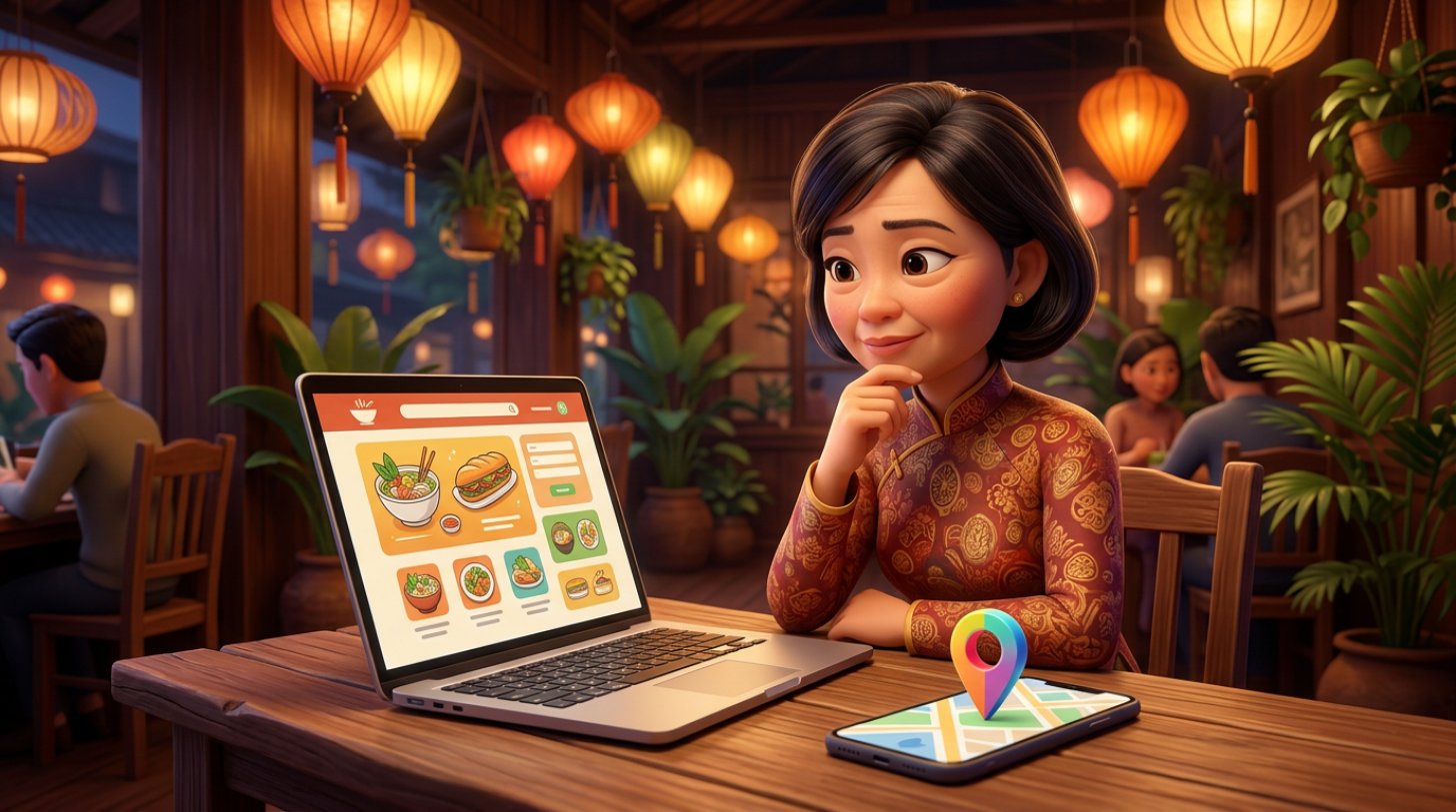 Chủ nhà hàng Việt ngồi bên laptop hiển thị giao diện website nhà hàng, bên cạnh là điện thoại mở bản đồ, trong không gian quán ấm cúng