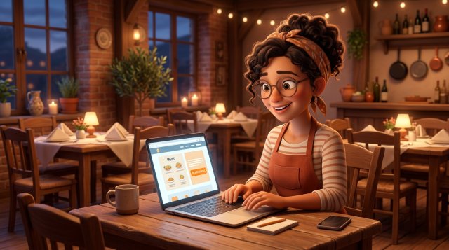 Illustratie van een restauranthouder die na sluitingstijd aan een tafel in haar zaak de website van haar restaurant bouwt op een laptop