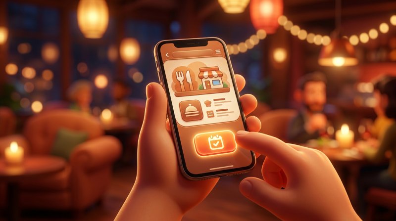 Handen van een gast met een smartphone waarop de pagina van een restaurant met een duidelijk zichtbare reserveringsknop te zien is