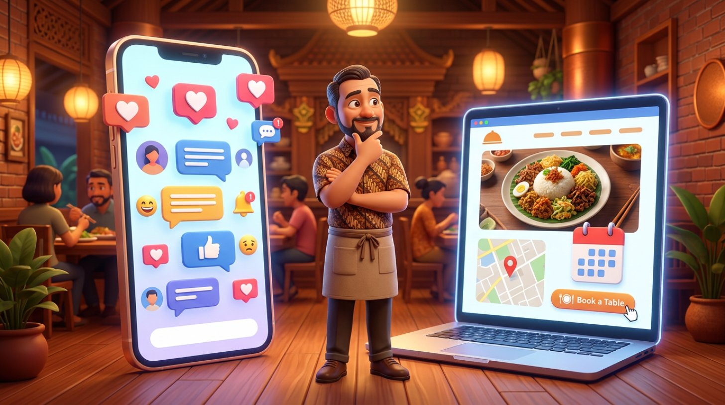 Ilustrasi 3D pemilik restoran menimbang dua pilihan: smartphone besar dengan ikon media sosial di satu sisi dan laptop dengan halaman website restoran di sisi lain