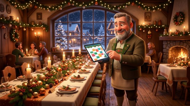 Gastwirt prüft in einem weihnachtlich geschmückten Gasthaus den Reservierungskalender auf dem Tablet, neben ihm eine festlich eingedeckte lange Firmentafel