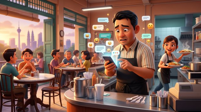 Malaysian restaurant manager at the counter juggling a buzzing phone full of booking messages while guests wait at kopitiam marble tables