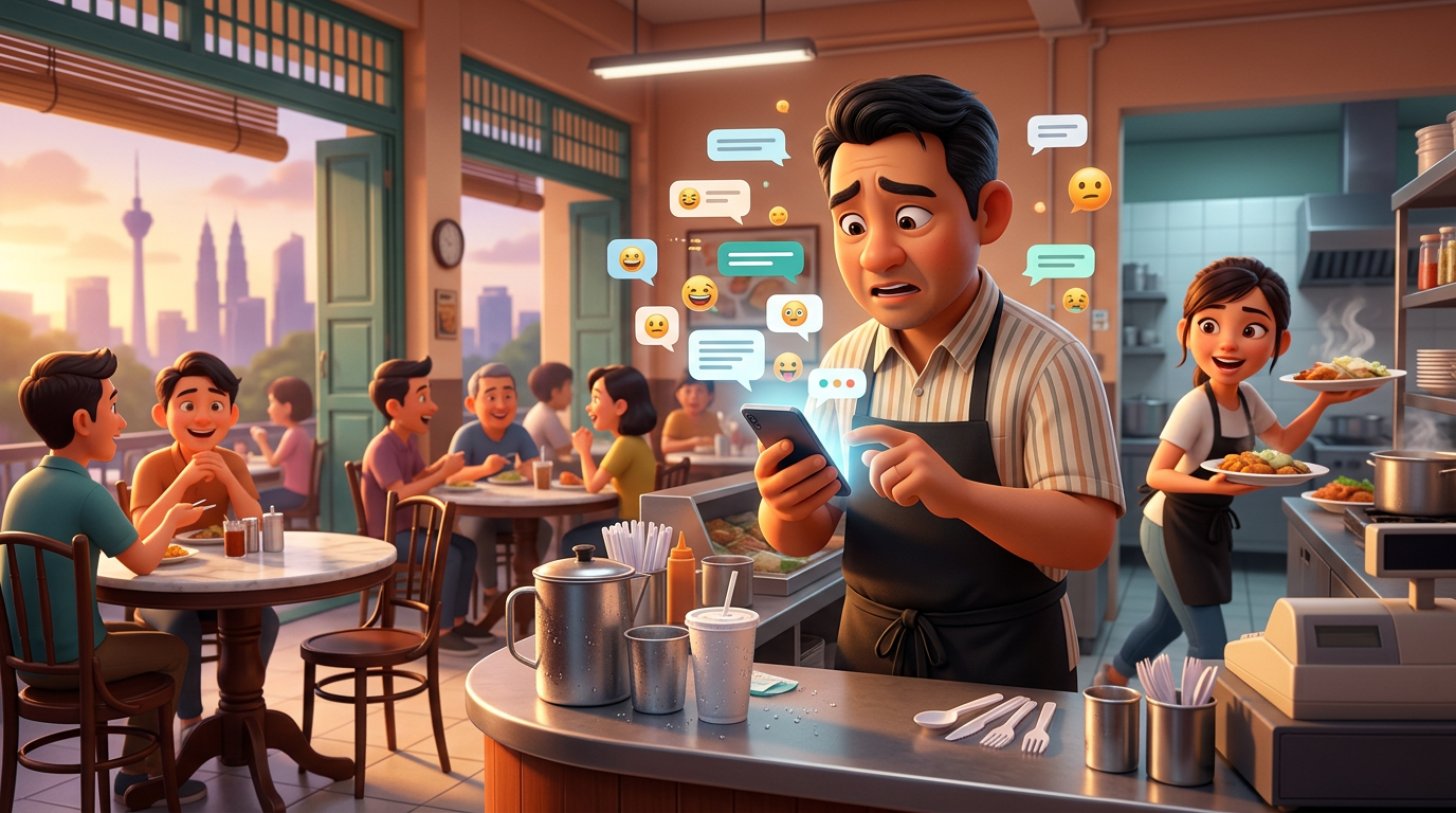 Malaysian restaurant manager at the counter juggling a buzzing phone full of booking messages while guests wait at kopitiam marble tables