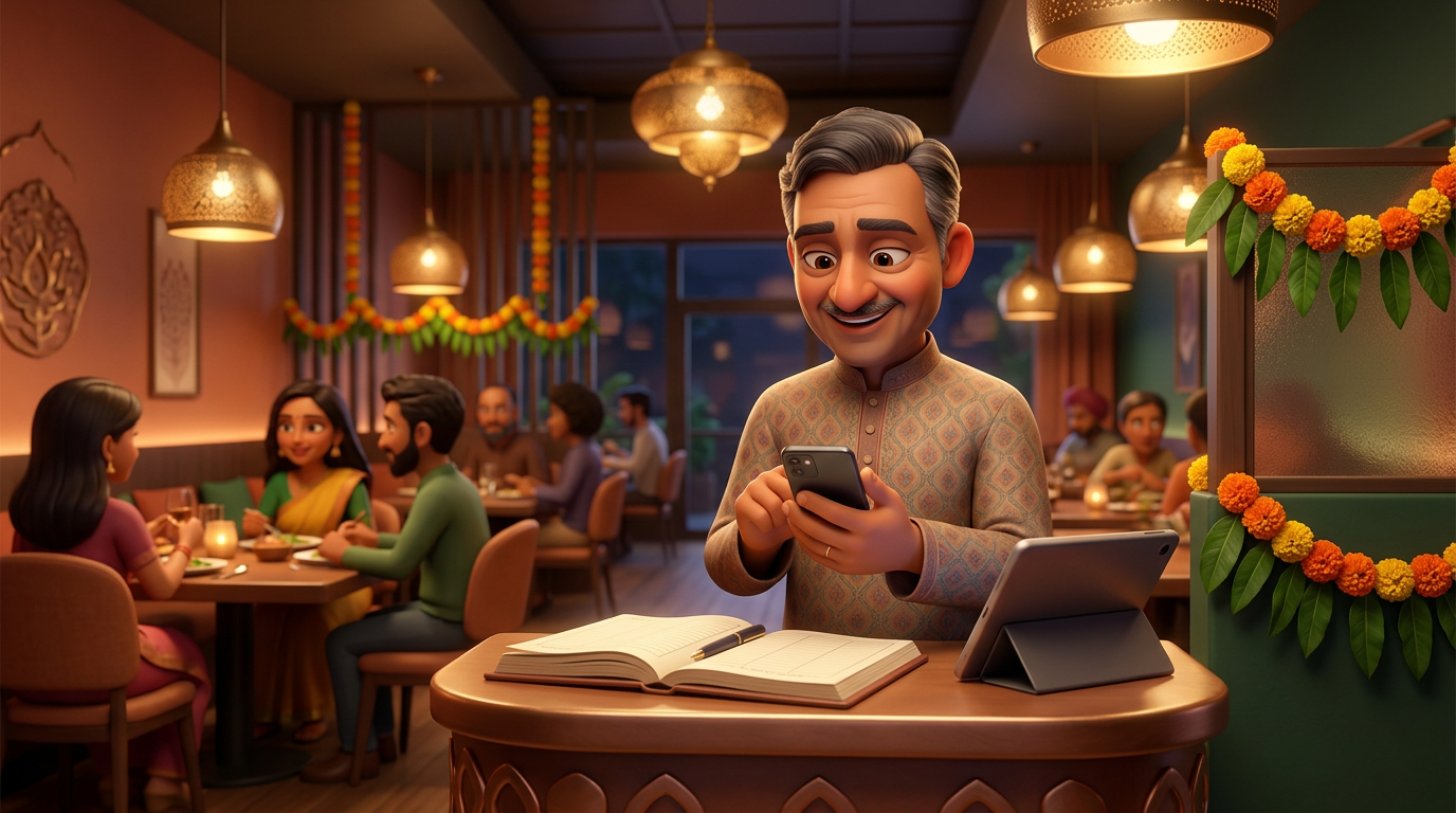 Indian restaurant owner at the host counter reading booking messages on his phone, with a paper diary and tablet beside him and guests dining behind