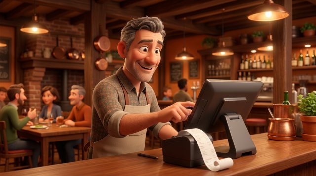 Illustratie van een Vlaamse restaurantuitbater die aan een moderne touchscreen-kassa in zijn bistro een kassaticket print