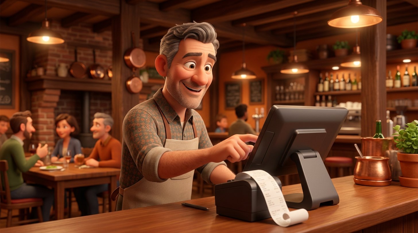 Illustratie van een Vlaamse restaurantuitbater die aan een moderne touchscreen-kassa in zijn bistro een kassaticket print
